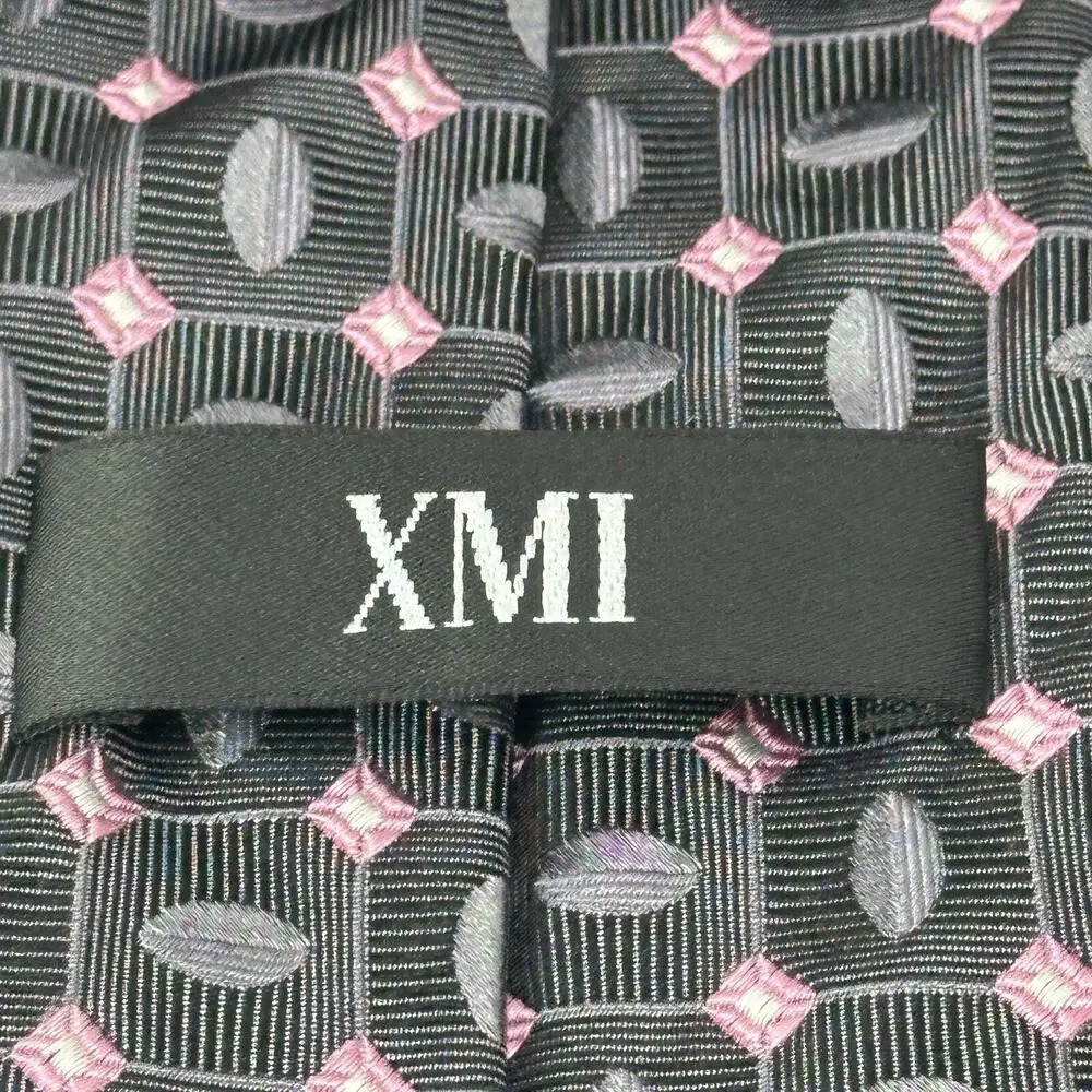 XMI Tie Mens 60 in Italian Silk Charcoal Pink Geometric Diamond Ellipsis Wide